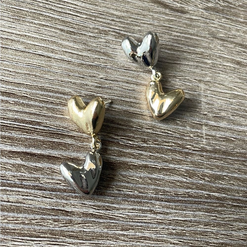 Two tone heart drop earrings A34 - Picture 4 of 4